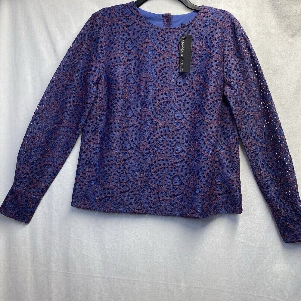 Banana Republic Lace Overlay Long Sleeve Round Neck Blouse Women Small Blue New